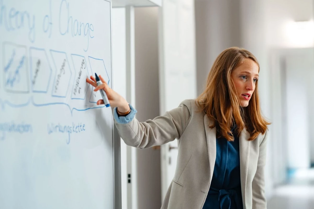 A woman is actively writing on a whiteboard, demonstrating engagement in a learning or brainstorming session.